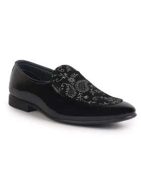 Men Black Velvet Patent Leather Floral Print Classic Party Slip On Shoes|Wedding Shoes|Lightweight Shoes