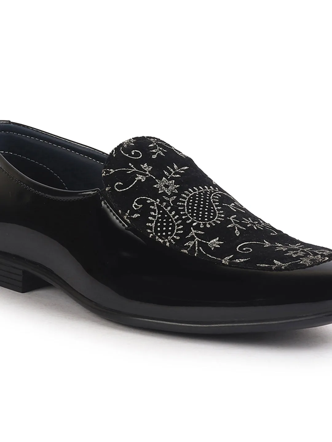 Men Black Velvet Patent Leather Floral Print Classic Party Slip On Shoes|Wedding Shoes|Lightweight Shoes