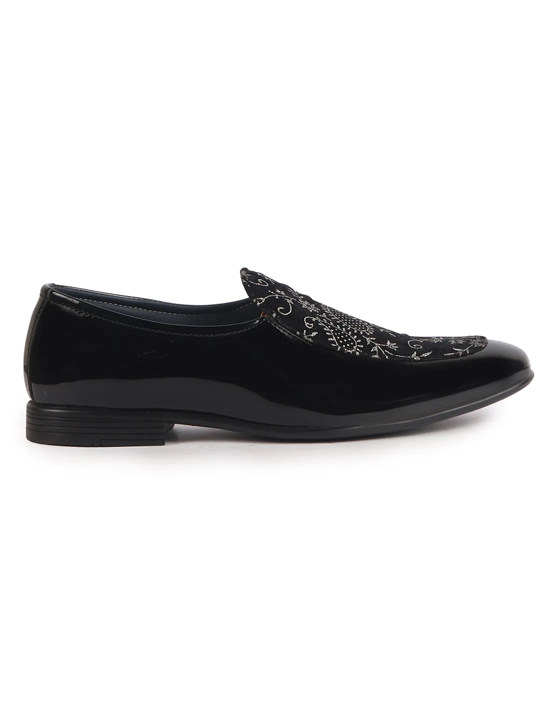 Men Black Velvet Patent Leather Floral Print Classic Party Slip On Shoes|Wedding Shoes|Lightweight Shoes