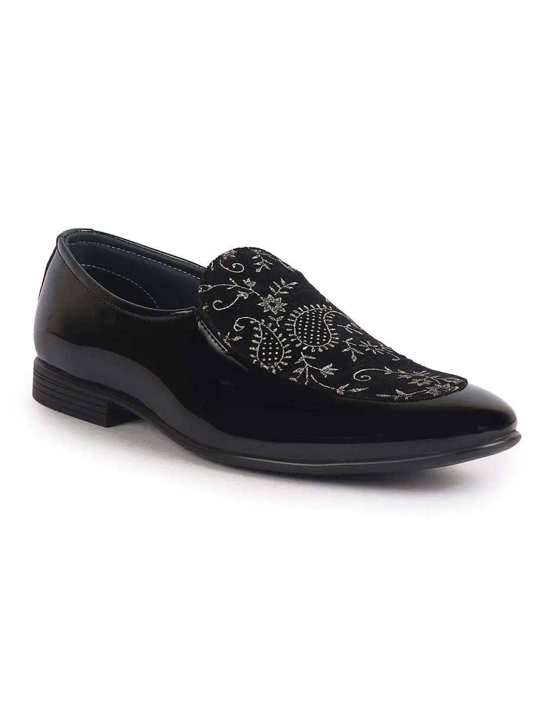 Men Black Velvet Patent Leather Floral Print Classic Party Slip On Shoes|Wedding Shoes|Lightweight Shoes