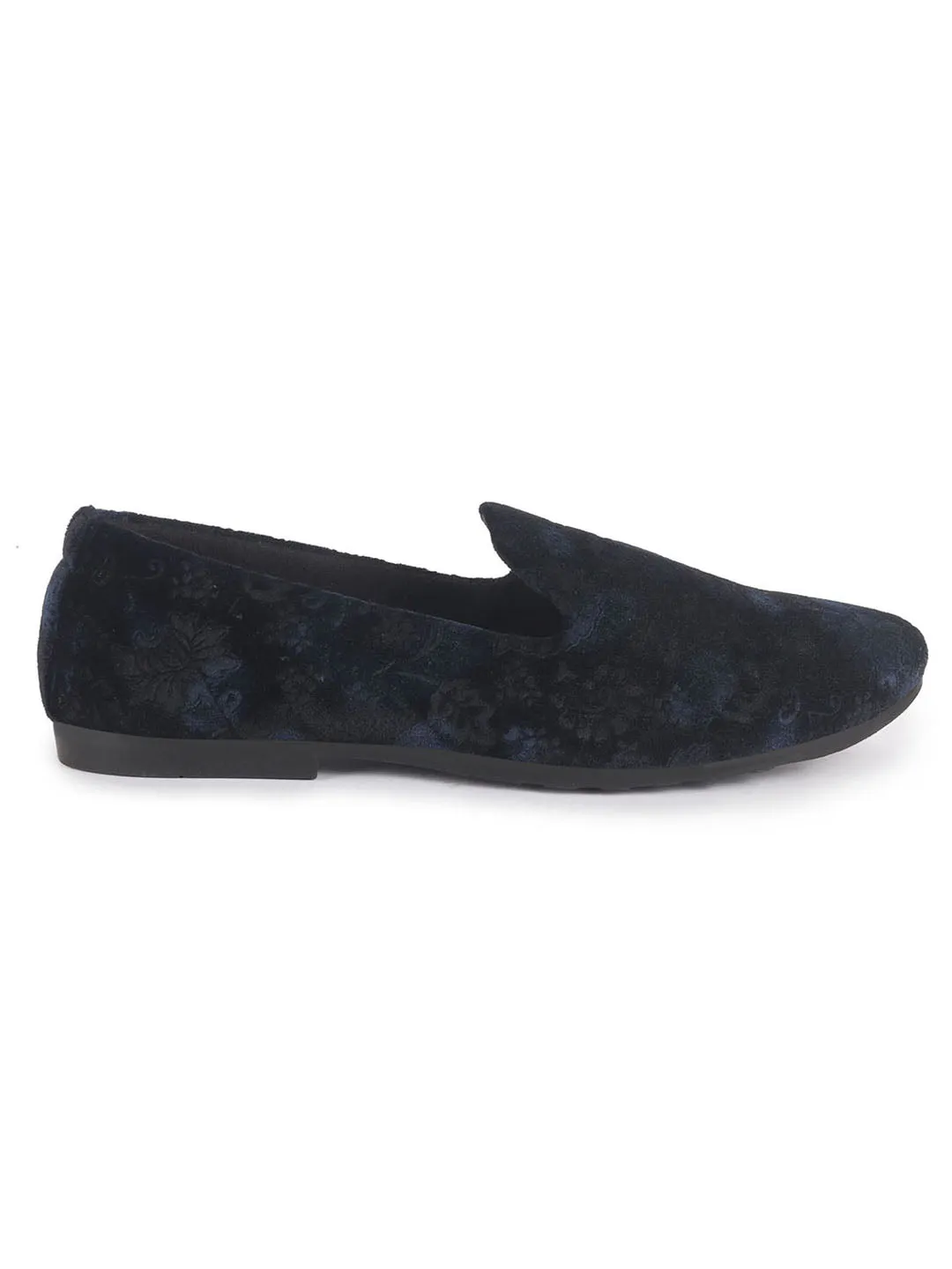 Men Blue Floral Print Velvet Ethnic Sip On Loafer for Party|Slip On Shoes|Festive Shoes|Kurta Slip On Shoes