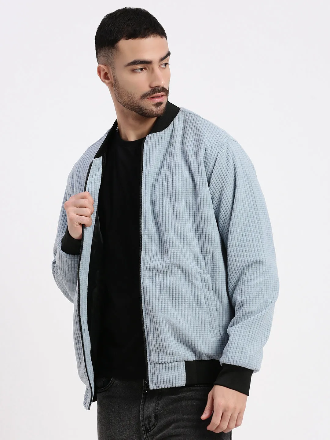 Men Blue Solid Bomber Jacket