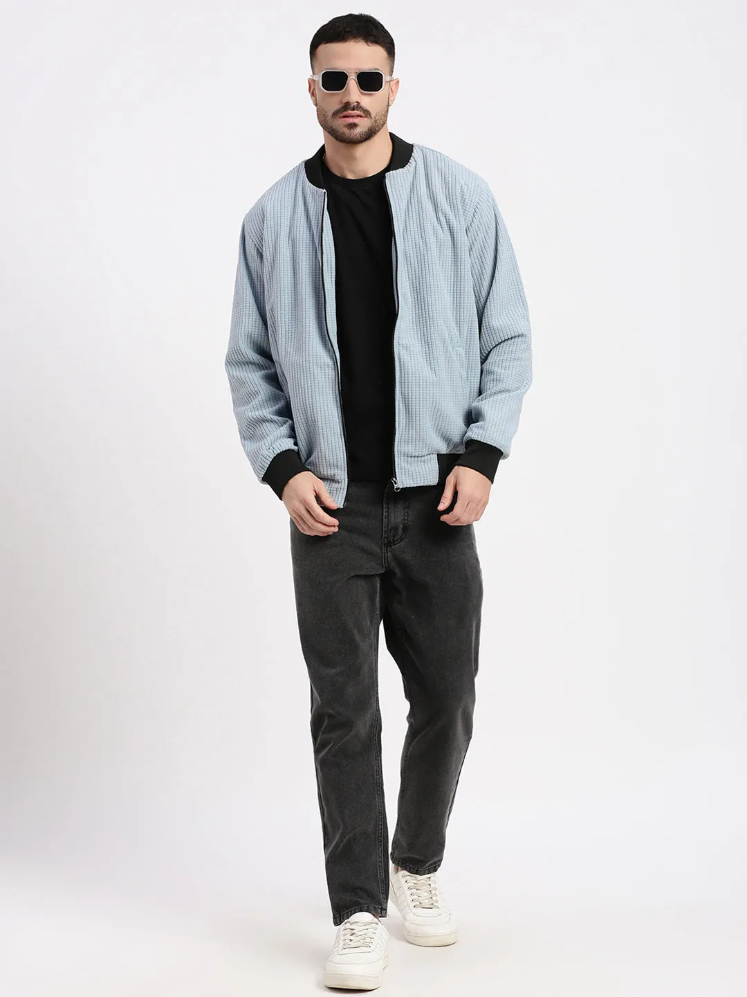 Men Blue Solid Bomber Jacket