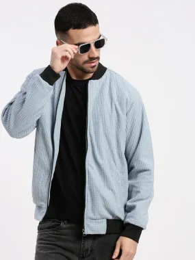 Men Blue Solid Bomber Jacket