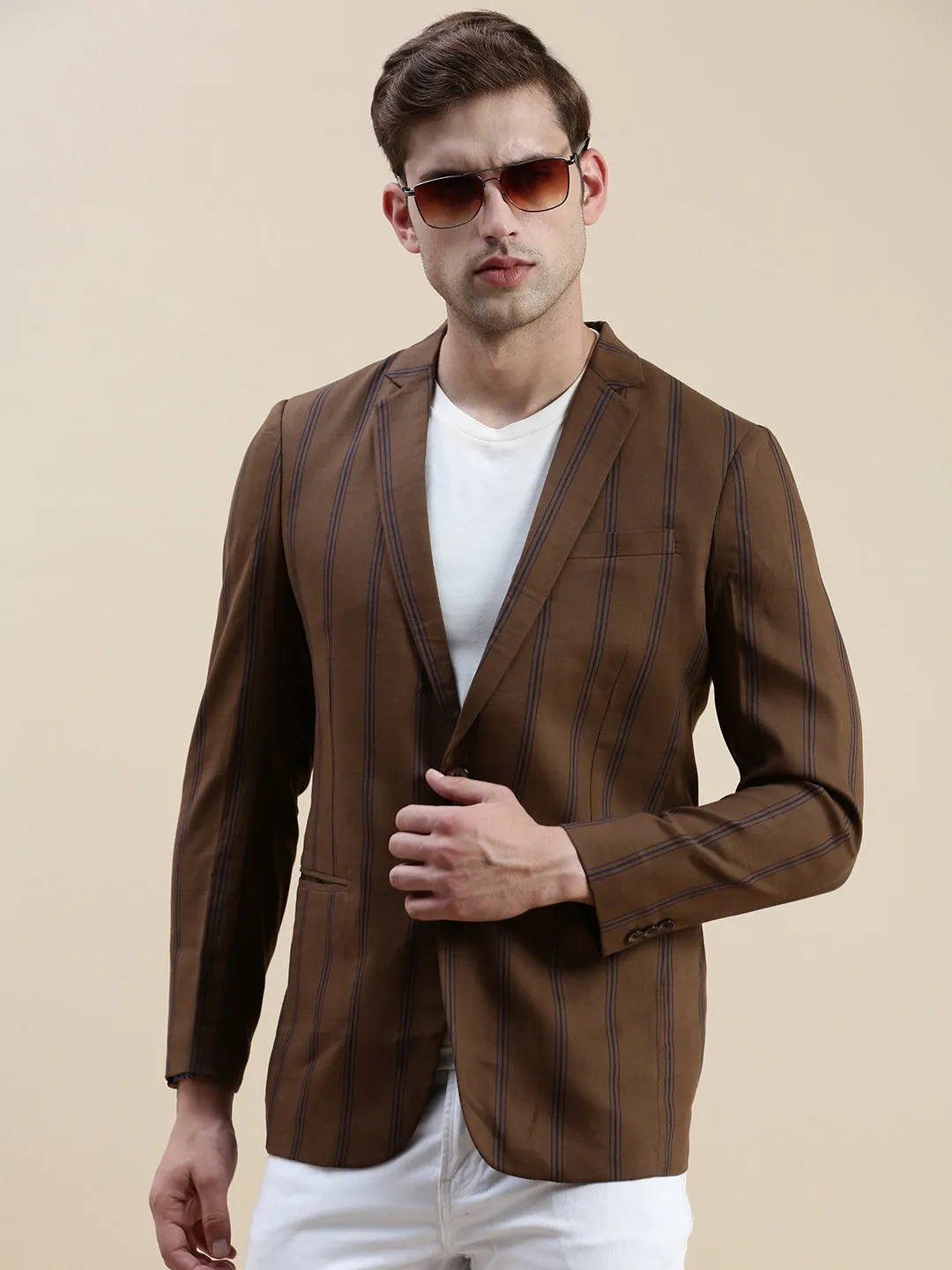 Men Brown Striped Casual Blazer