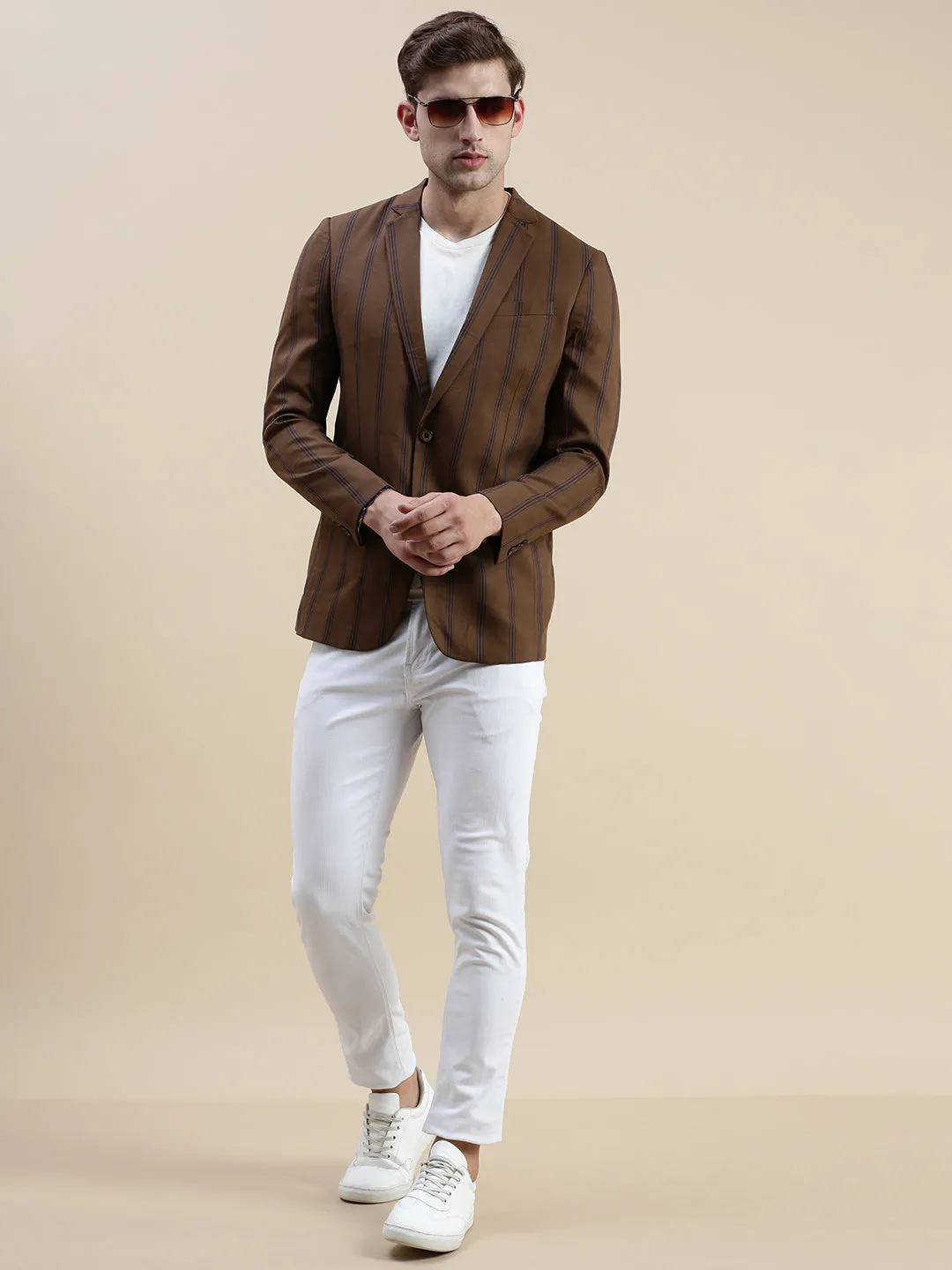 Men Brown Striped Casual Blazer