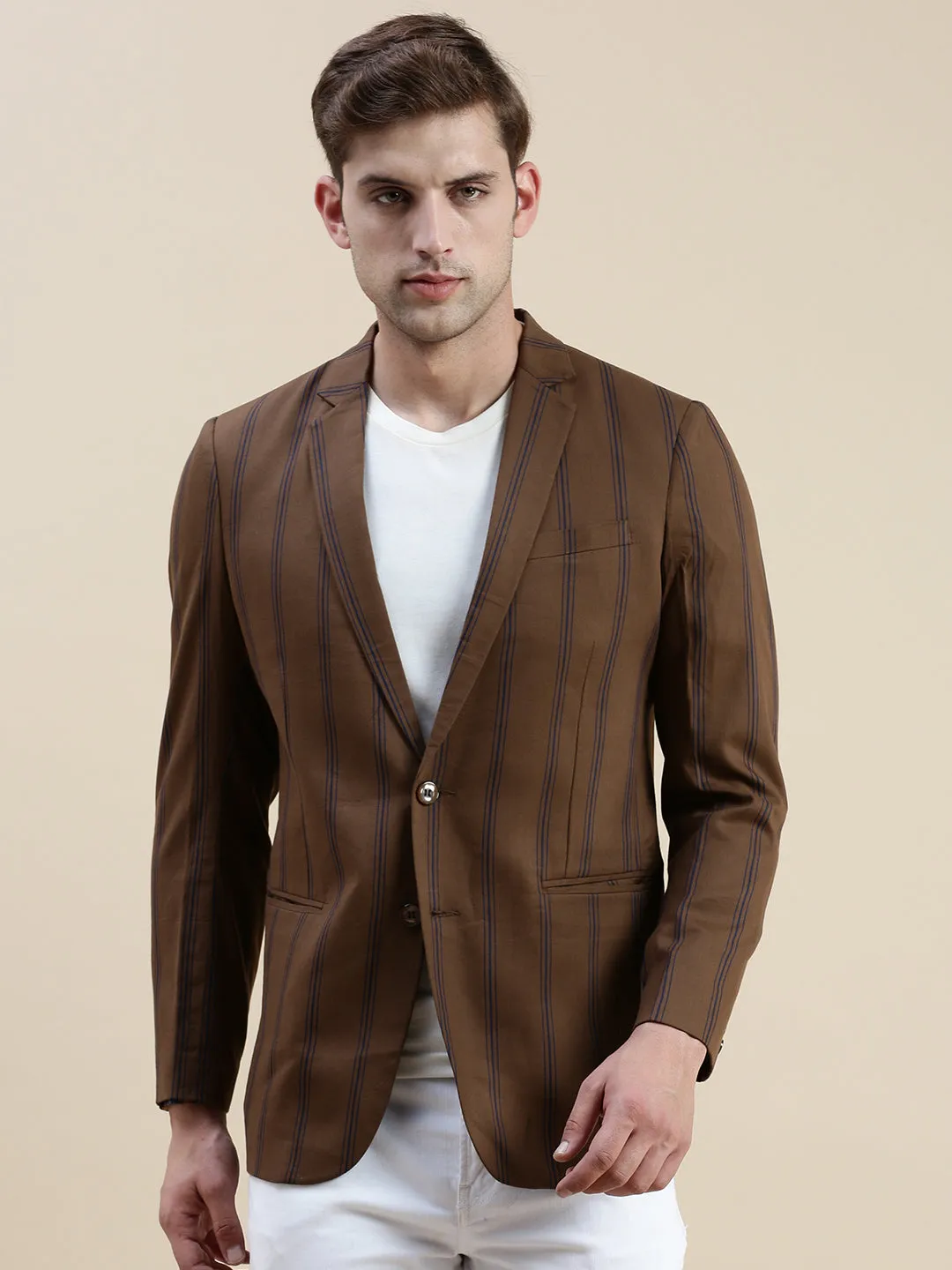 Men Brown Striped Casual Blazer