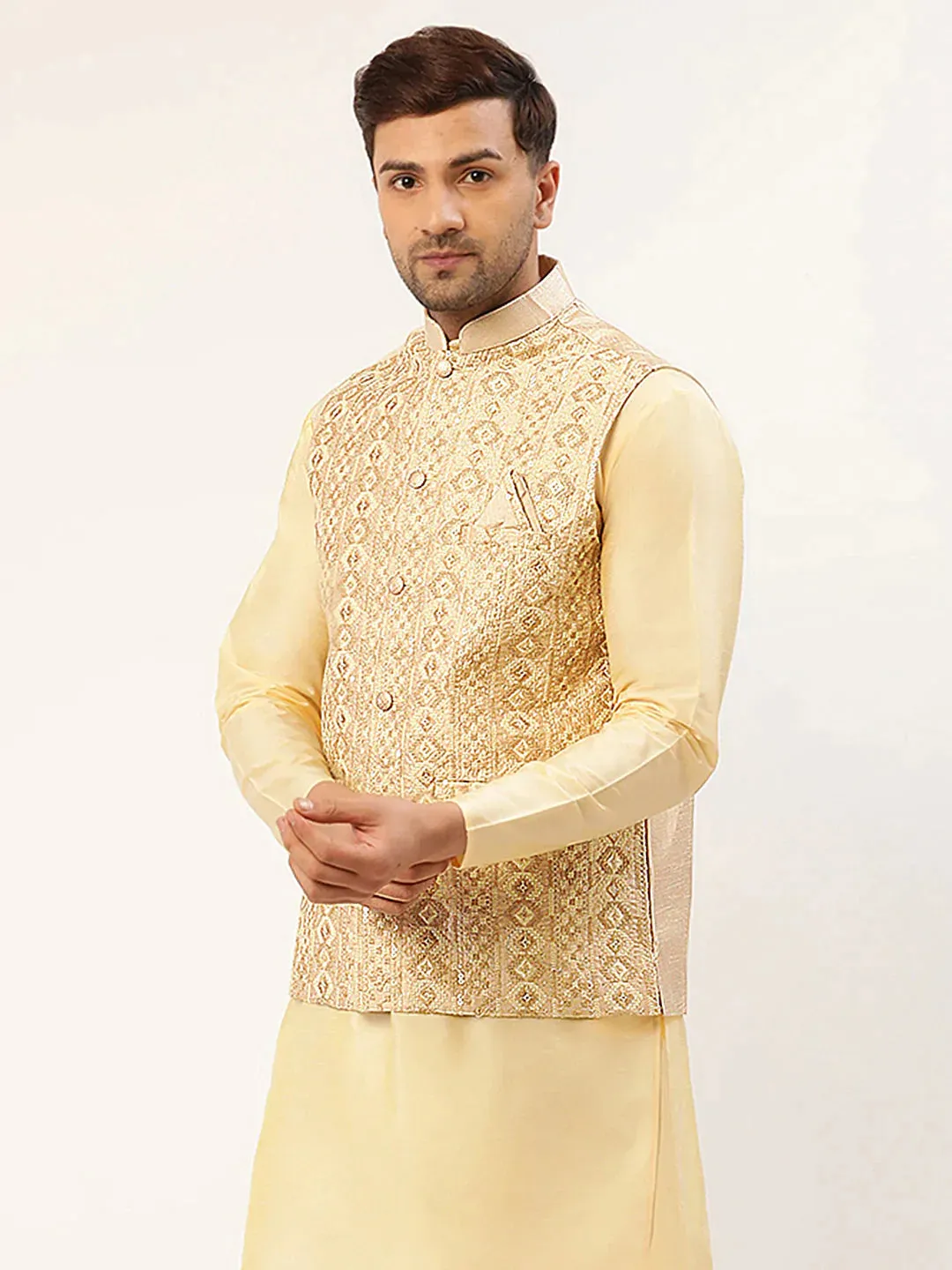 Men Cream & Gold Embroidered Woven Nehru Jacket