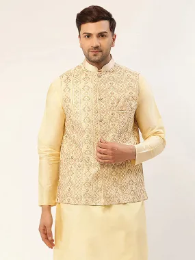 Men Cream & Gold Embroidered Woven Nehru Jacket