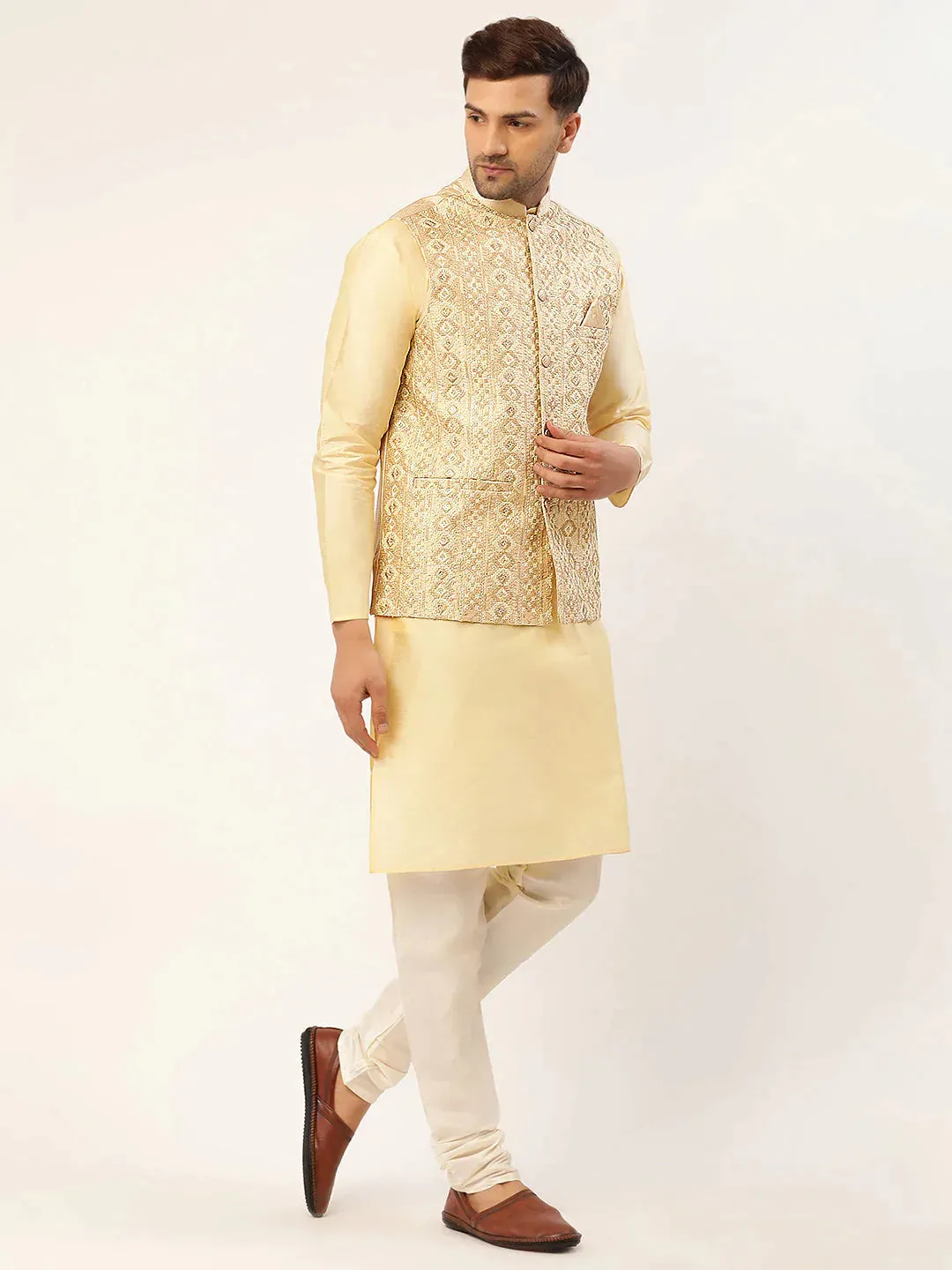 Men Cream & Gold Embroidered Woven Nehru Jacket