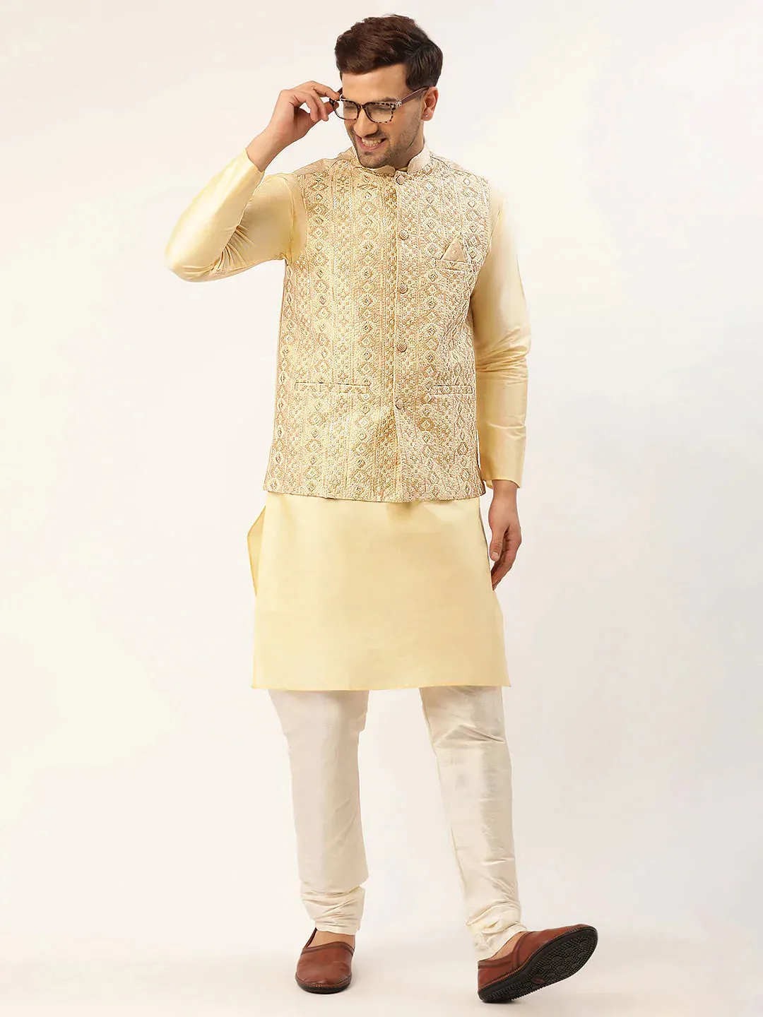 Men Cream & Gold Embroidered Woven Nehru Jacket