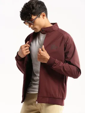 Men Maroon Mock Collar Solid Bomber