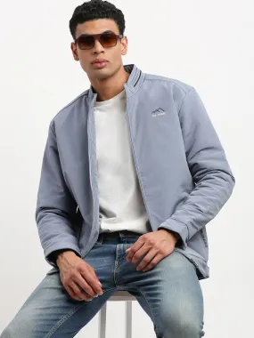 Men Mock Collar Blue Solid Bomber Jacket