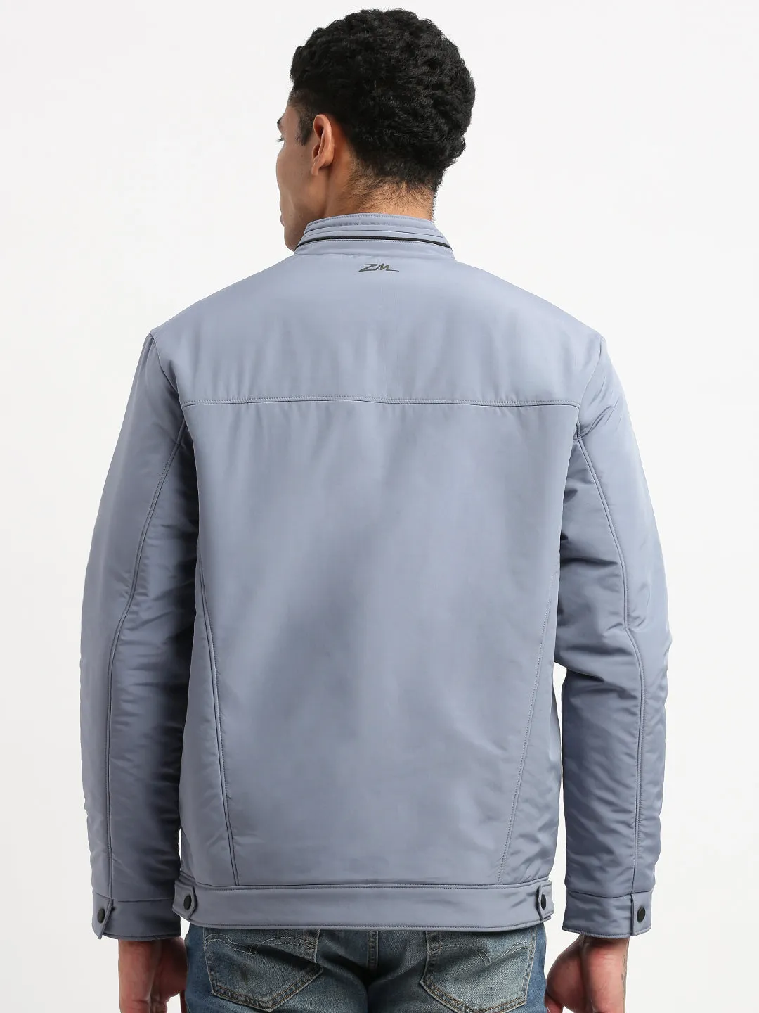 Men Mock Collar Blue Solid Bomber Jacket