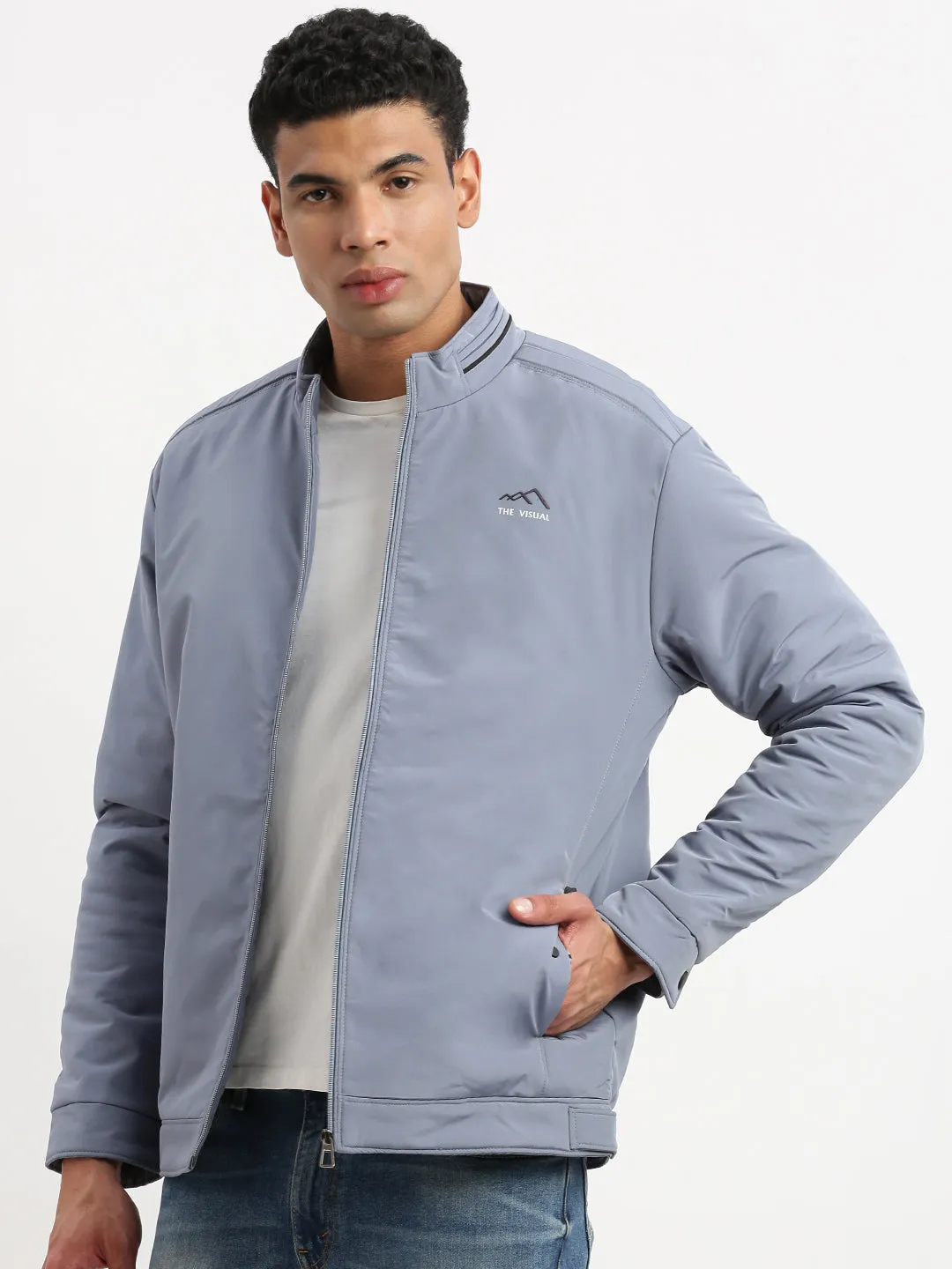 Men Mock Collar Blue Solid Bomber Jacket