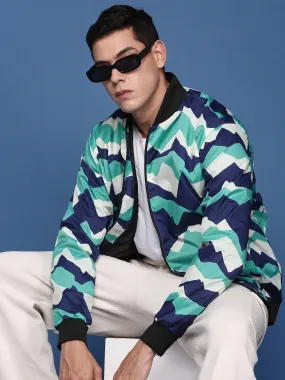 Men Printed Sea Green Bomber Jacket