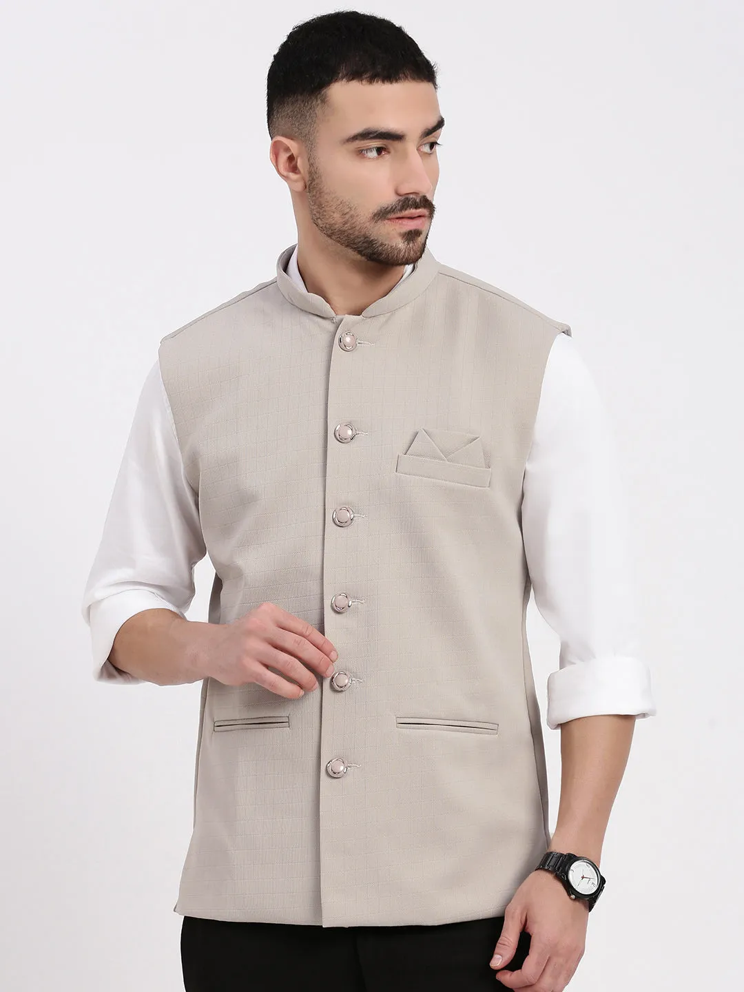 Men Solid Beige Nehru Jacket