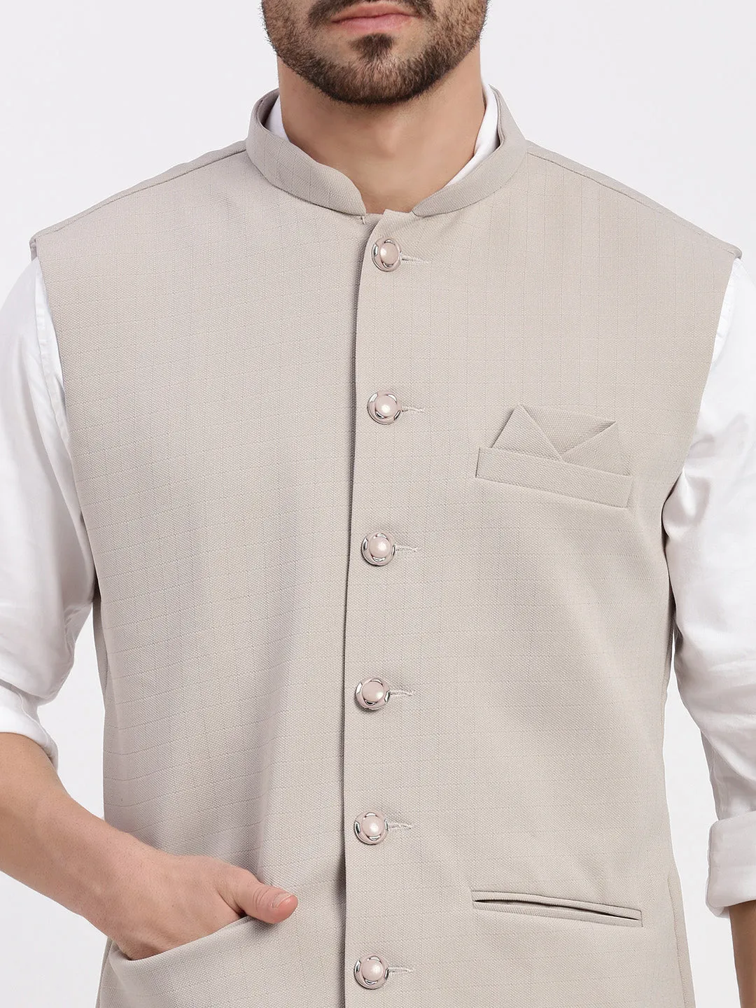 Men Solid Beige Nehru Jacket