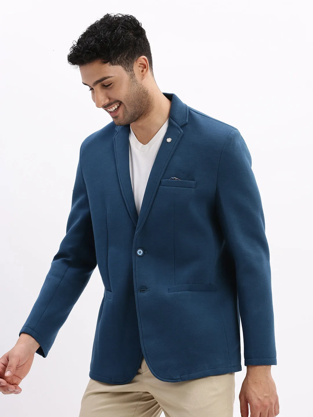 Men Solid Teal Single Breasted Blazer