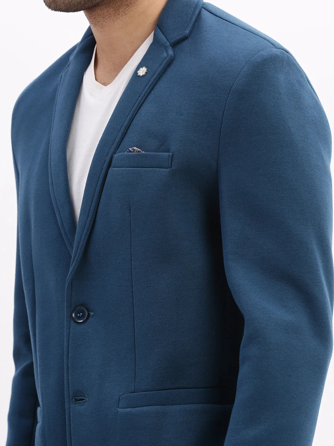 Men Solid Teal Single Breasted Blazer