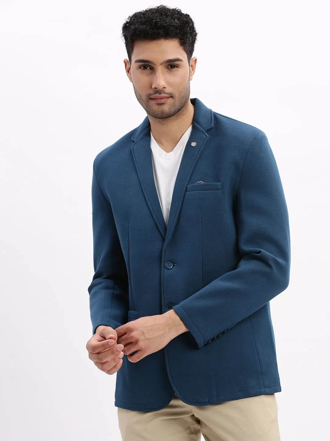 Men Solid Teal Single Breasted Blazer