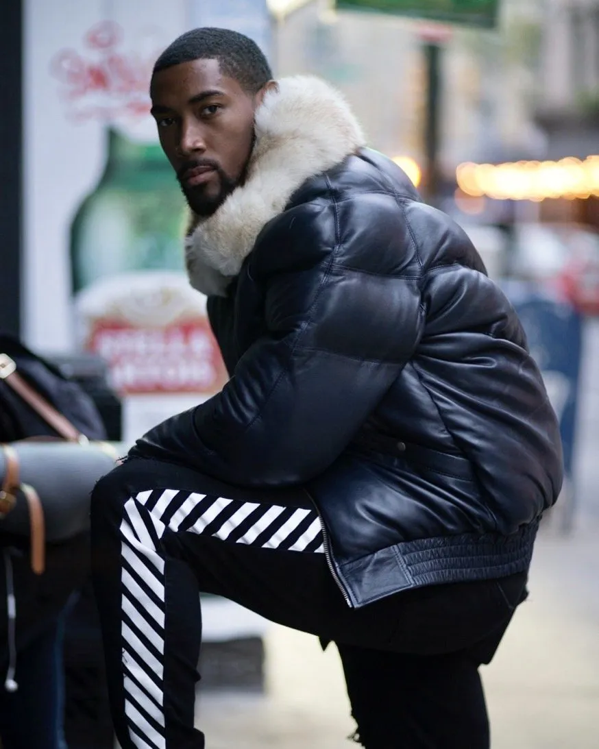 Men V Bomber Jacket - Navy Blue (Off White Fur)