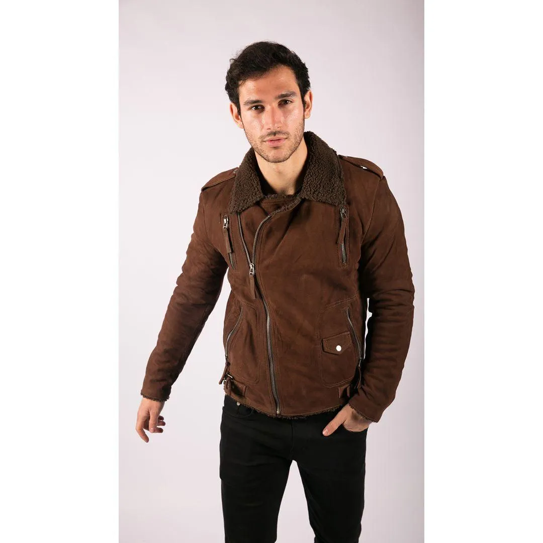 Mens Black Brown Cross Zip Real Leather Biker Jacket Fleece Lined Fitted Smart Casual