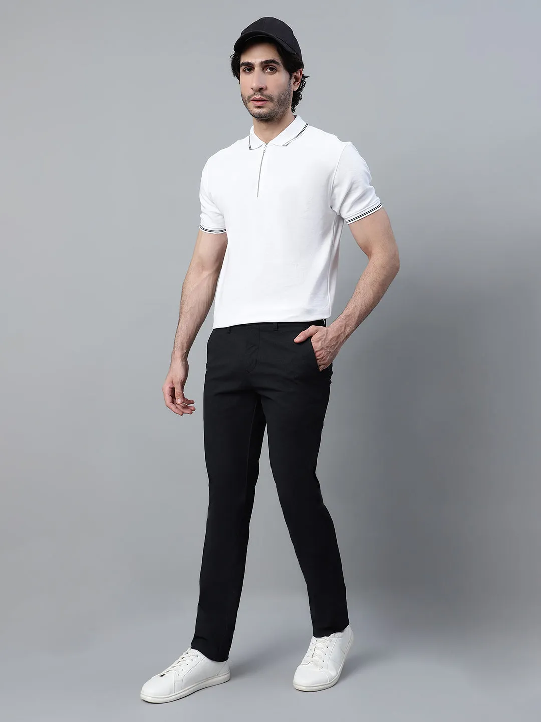 Men's Black Self Design Non-Pleated Stretchable Casual Trouser