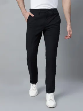 Men's Black Self Design Non-Pleated Stretchable Casual Trouser