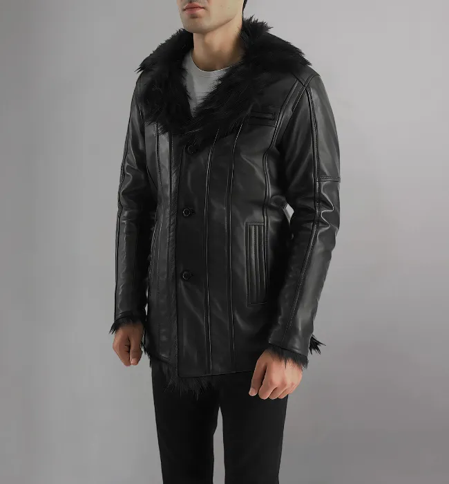 Mens Black Shearling Leather Coat