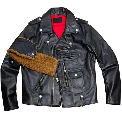 Men's Cowhide Leather Jacket Slim Fit with Mouton Collar - Classic Motorcycle Style