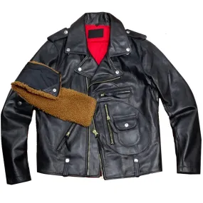 Men's Cowhide Leather Jacket Slim Fit with Mouton Collar - Classic Motorcycle Style