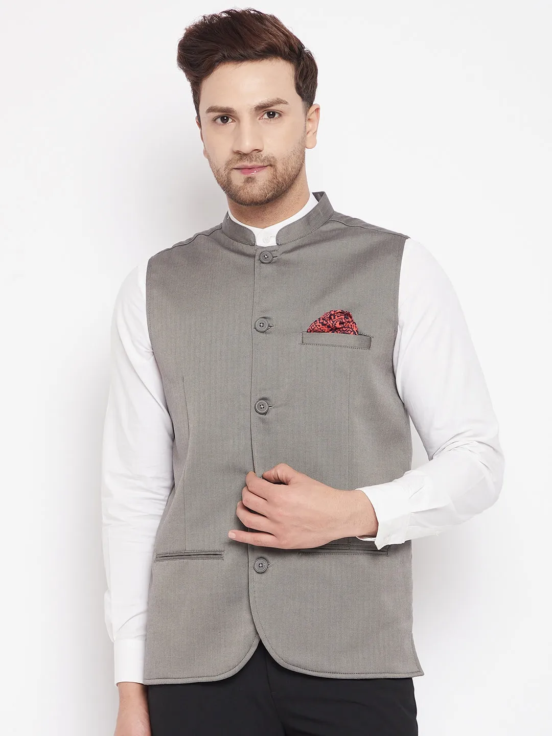 Men's Grey Color Nehru Jacket-Contrast Lining-Inbuilt Pocket Square - Even Apparels