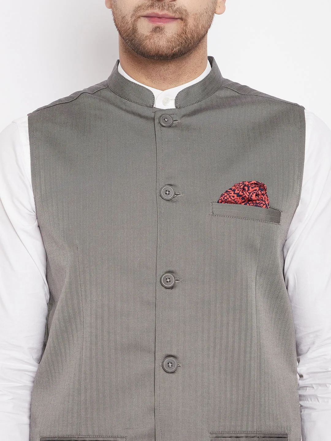 Men's Grey Color Nehru Jacket-Contrast Lining-Inbuilt Pocket Square - Even Apparels