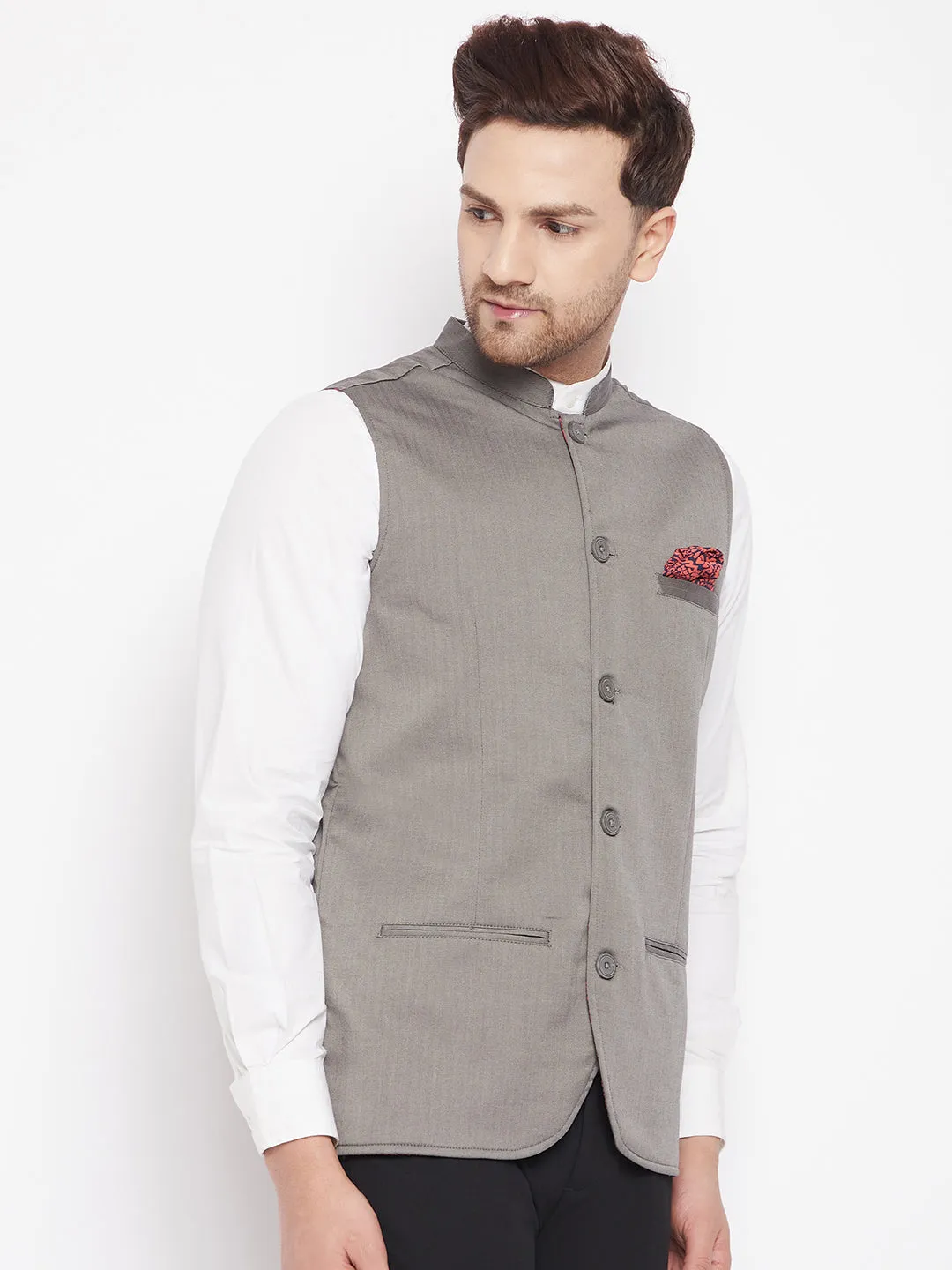 Men's Grey Color Nehru Jacket-Contrast Lining-Inbuilt Pocket Square - Even Apparels