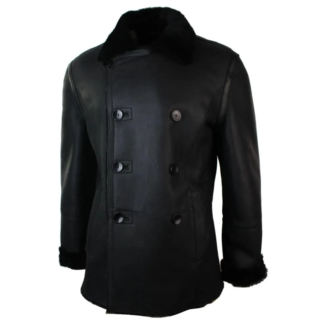 Mens Real Shearling German Navy Sheepskin Double Breasted Jacket Black Fitted