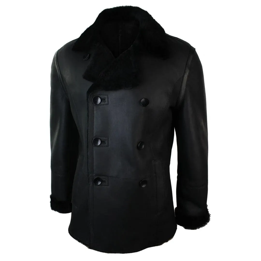 Mens Real Shearling German Navy Sheepskin Double Breasted Jacket Black Fitted