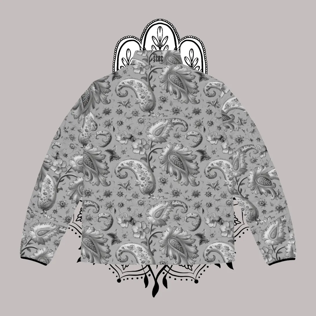 Men's SCBC "El Gris" Puffer Jacket (AOP). Puffer Jacket, Spring, Mens Clothes, Warm Jacket, Lightweight, Paisley Print, Graphic Design.