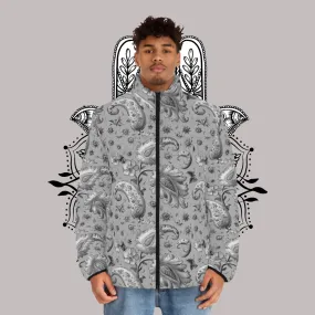 Men's SCBC "El Gris" Puffer Jacket (AOP). Puffer Jacket, Spring, Mens Clothes, Warm Jacket, Lightweight, Paisley Print, Graphic Design.