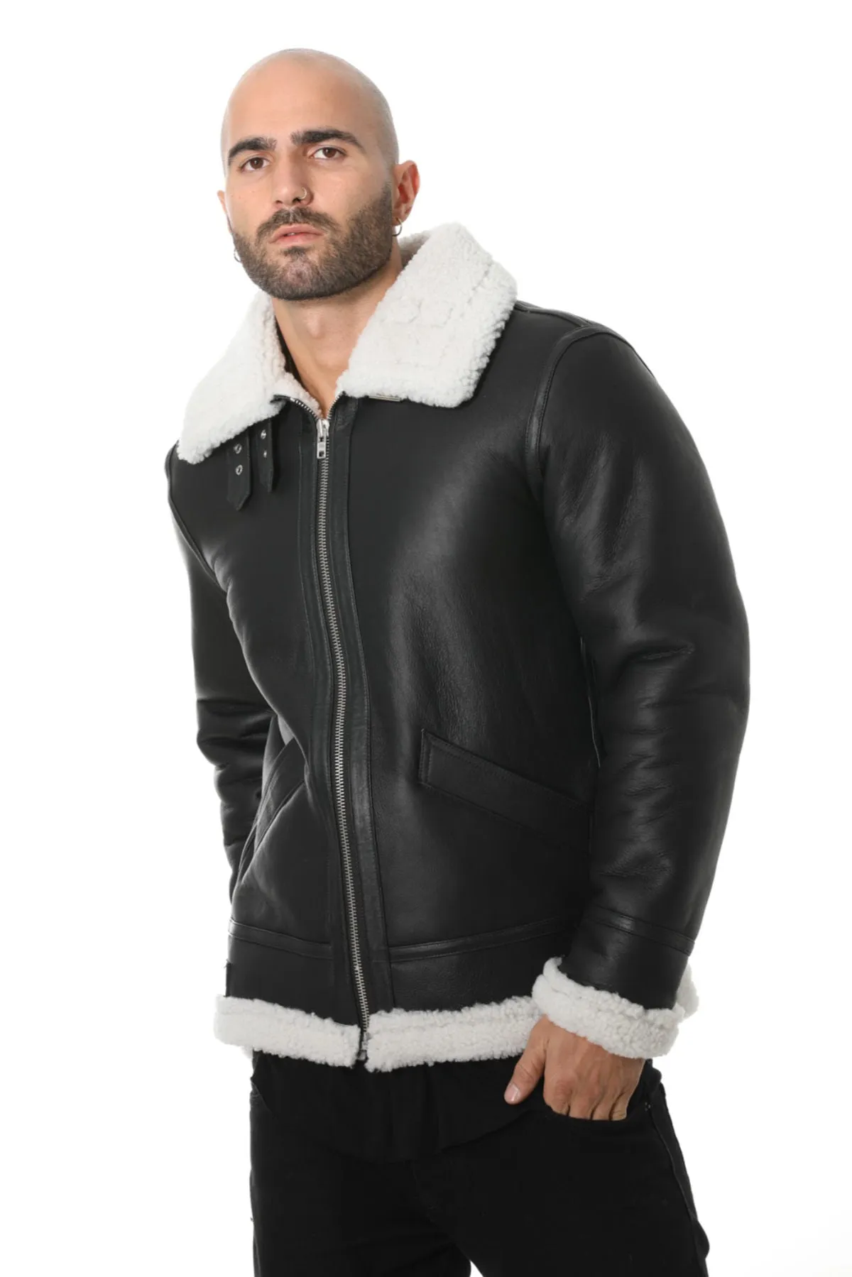 Men's Shearling Aviator Jacket, Silky Black with White Curly Wool