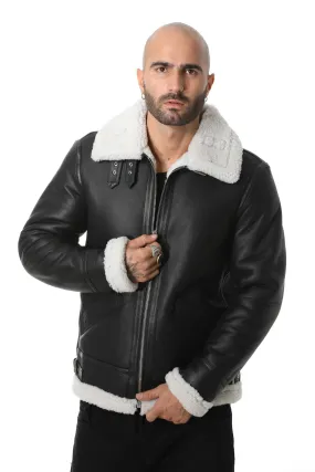 Men's Shearling Aviator Jacket, Silky Black with White Curly Wool