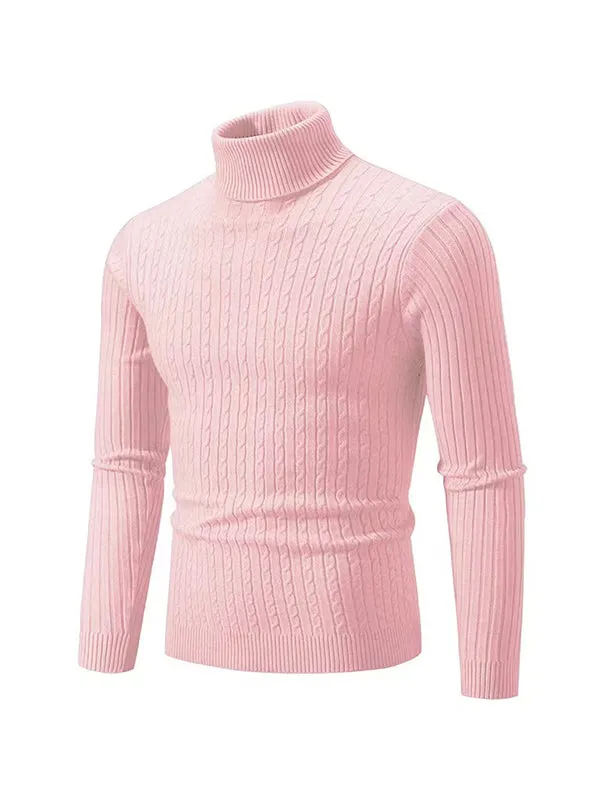 Men's Solid Color Turtleneck Slim Striped Sweater