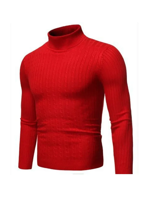 Men's Solid Color Turtleneck Slim Striped Sweater