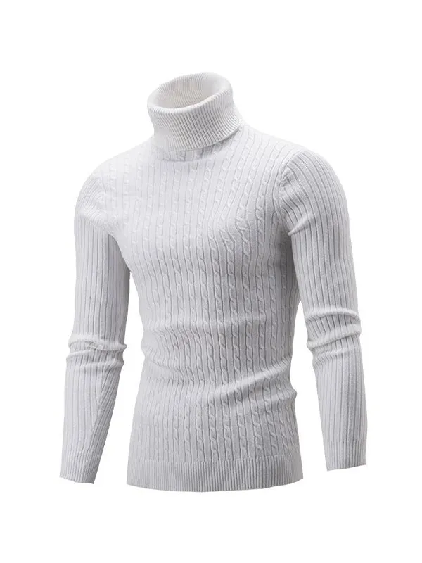 Men's Solid Color Turtleneck Slim Striped Sweater