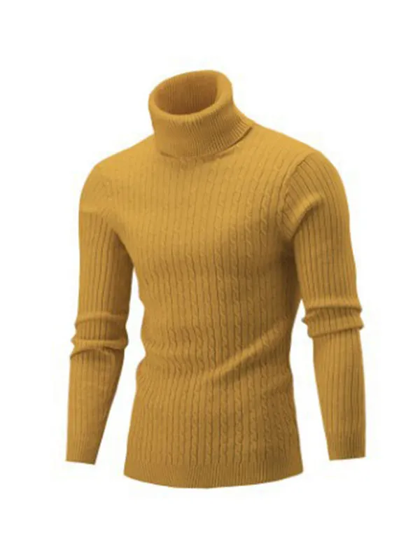 Men's Solid Color Turtleneck Slim Striped Sweater