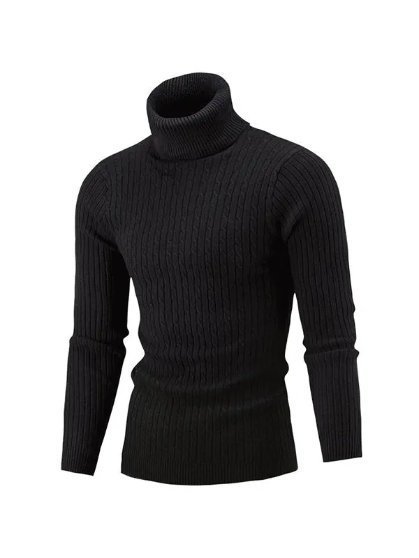 Men's Solid Color Turtleneck Slim Striped Sweater