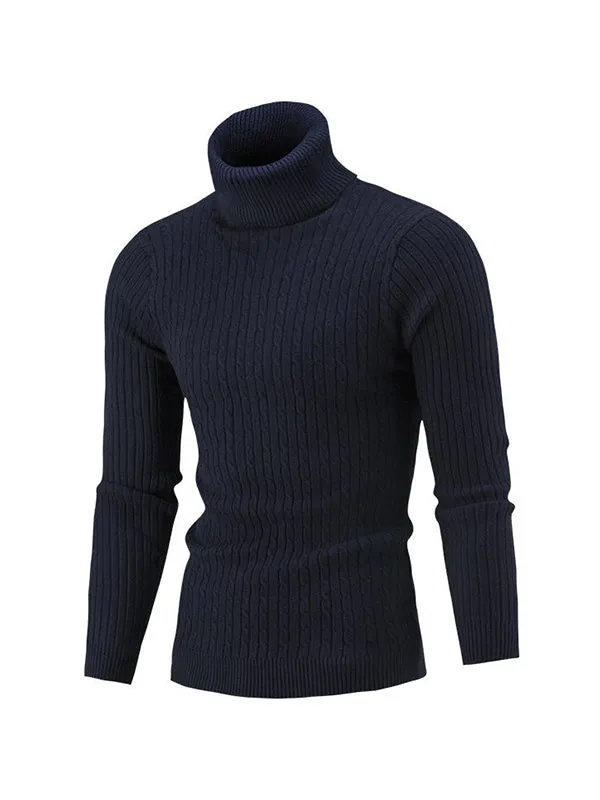 Men's Solid Color Turtleneck Slim Striped Sweater