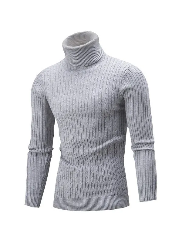 Men's Solid Color Turtleneck Slim Striped Sweater