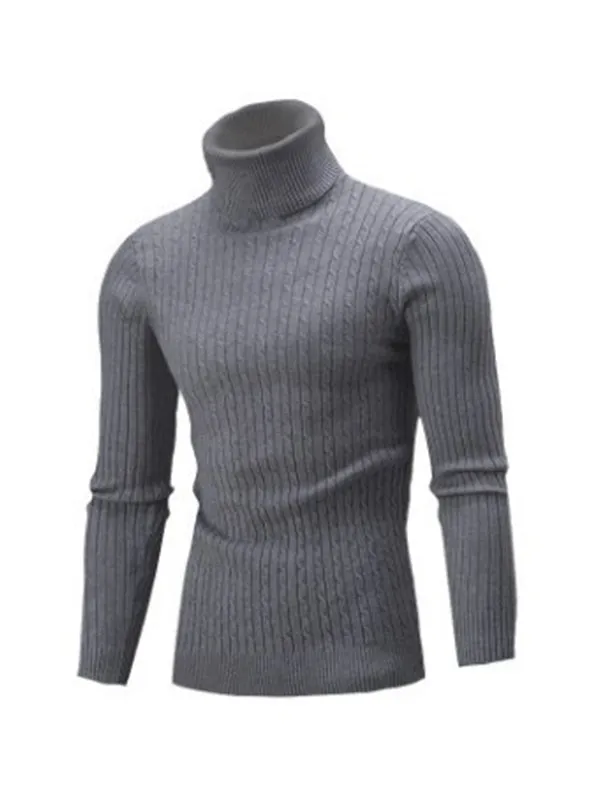 Men's Solid Color Turtleneck Slim Striped Sweater