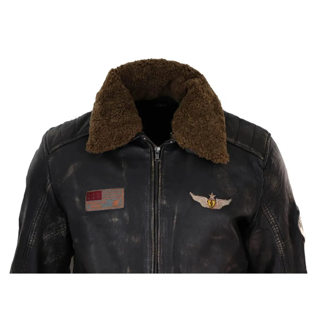 Mens Vintage Black Brown Zip Flying Aviator Jacket Fur Collar Badge Pilot Retro